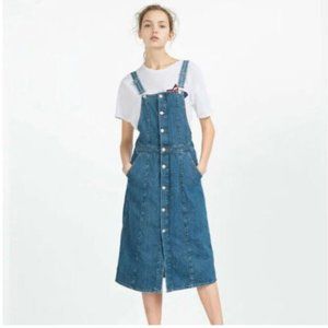 ZARA Denim Overall Dress Midi Dungarees Buttoned Front "Rock n Love" Size M